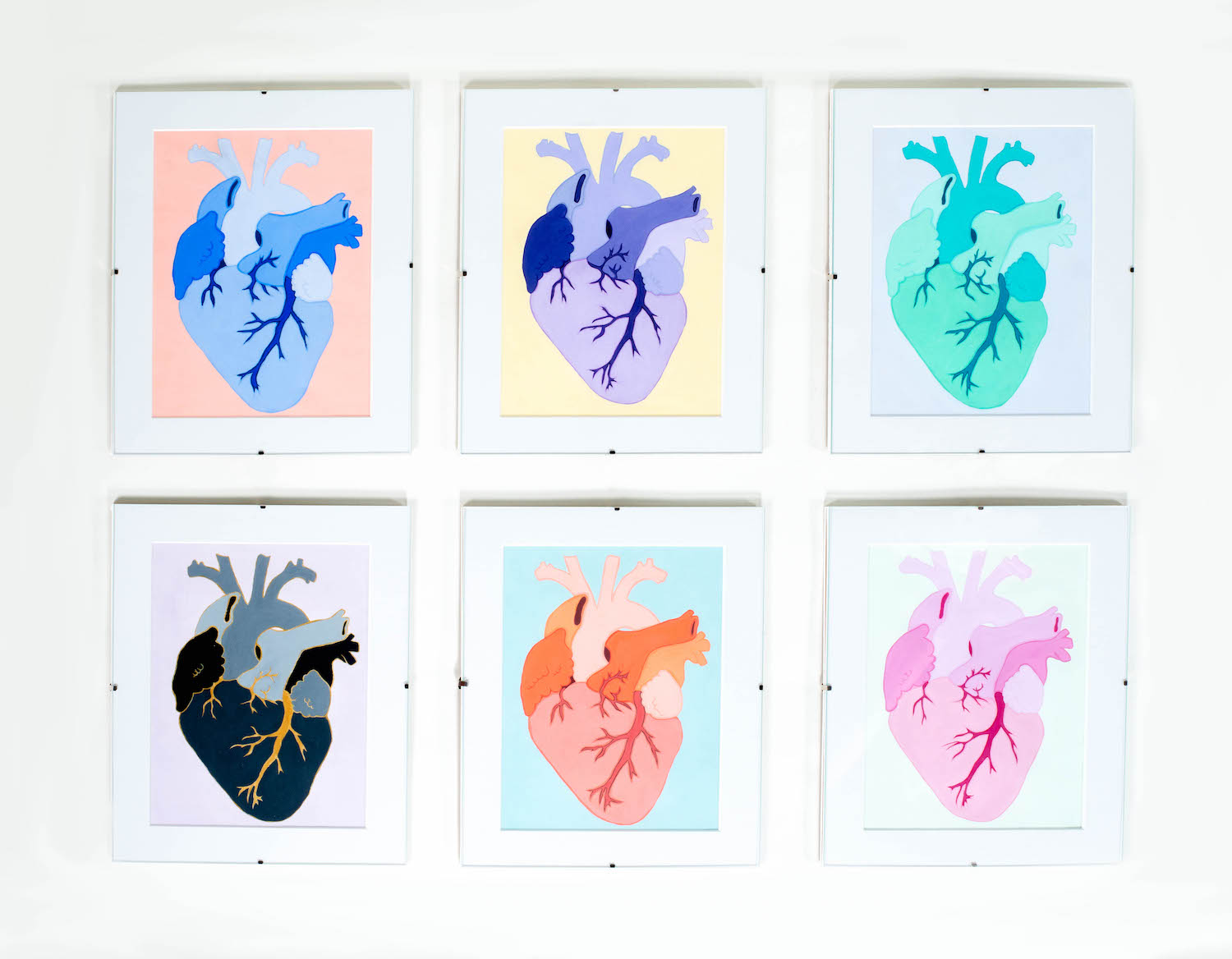 six pictures of the same heart in different colors