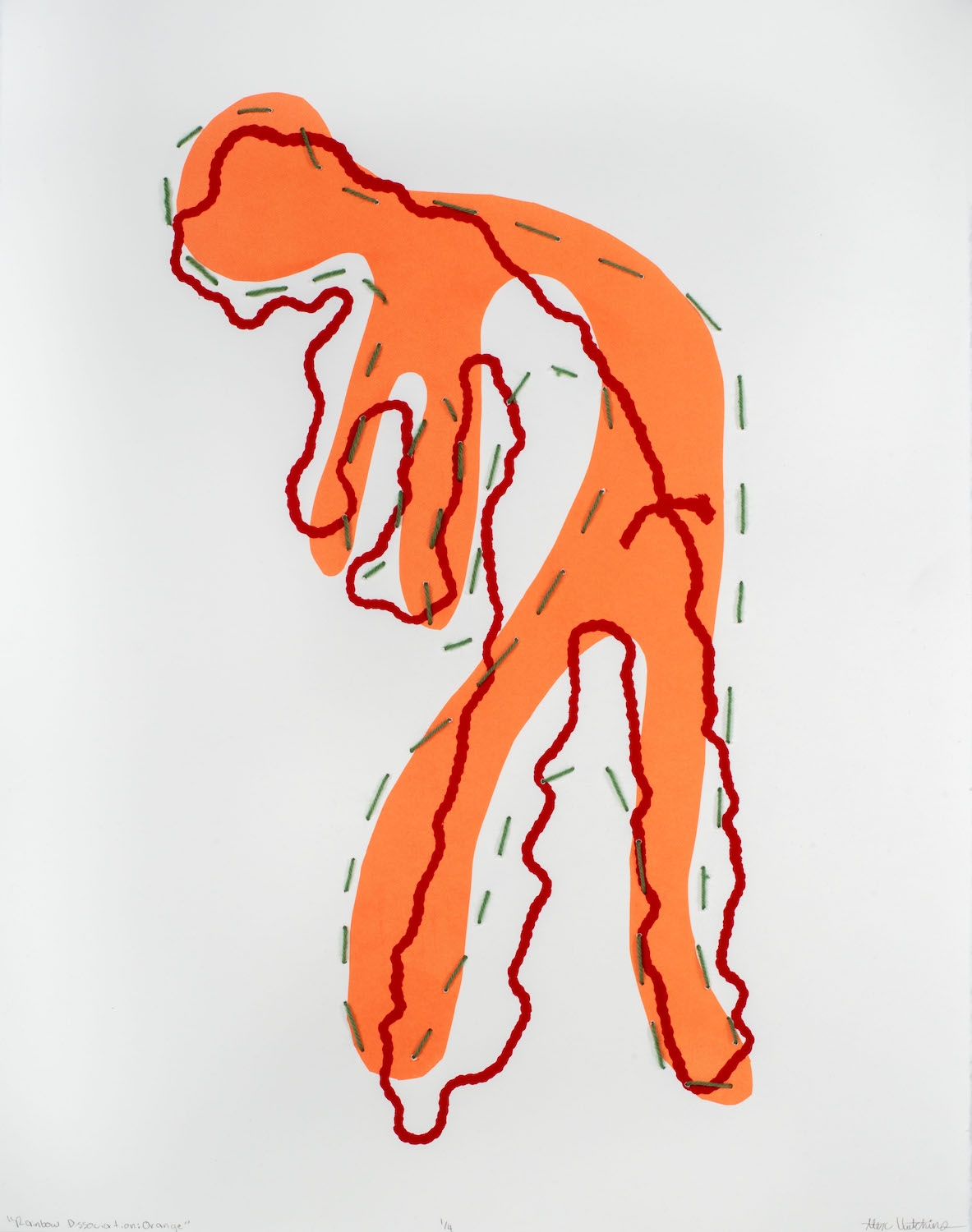 figure in orange with loose tracings in solid red and dashed green