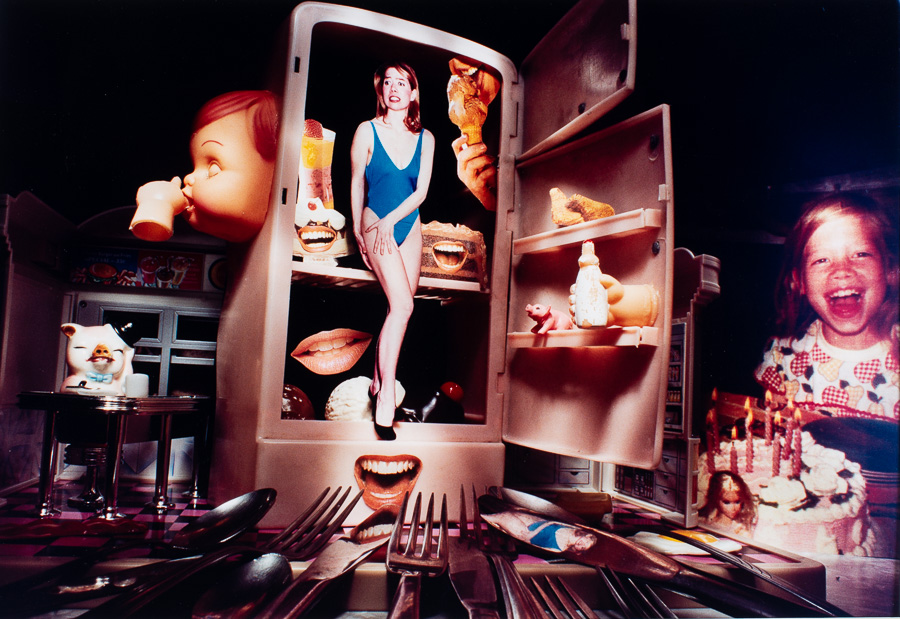 Complex collage, female figure in a refrigerator