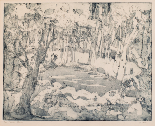 Loosely depicted landscape of a forest interior with a pond or meadow in the middle ground.
