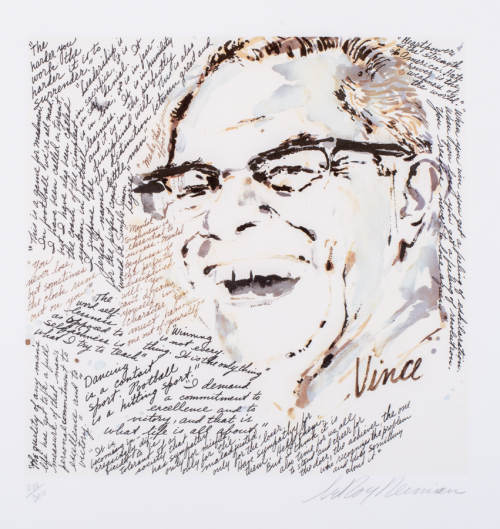 sketchy depiction of a man's head, he's smiling with glasses and his head is surrounded by quotes written in cursive