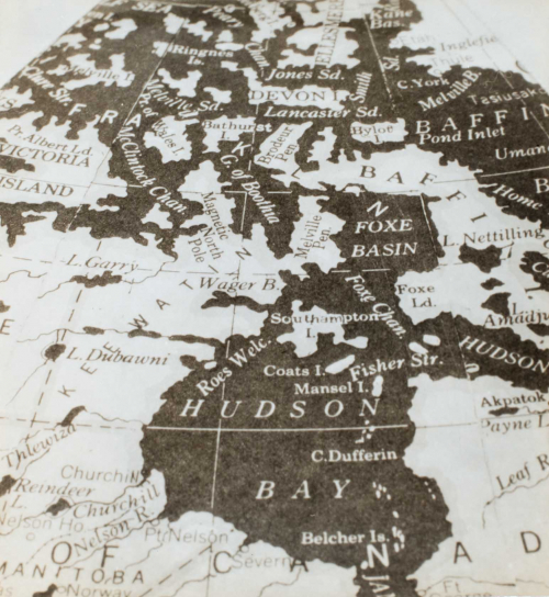 Northwest hemisphere section of the globe. Black and white up close image, all features labeled 
