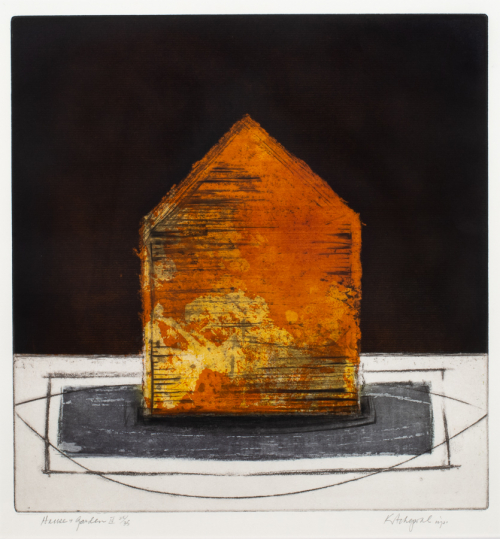 A house-shaped object in oranges and yellows with a black sky
