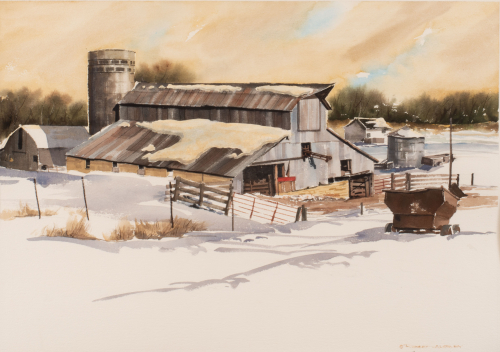 A snowy scene depicting a barn, silo, and outbuildings as well as a farm implement and fencing.