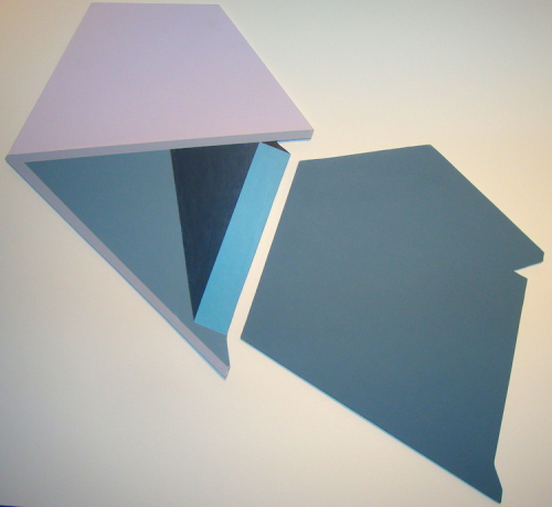 A geometric abstraction on a shaped board (left panel)