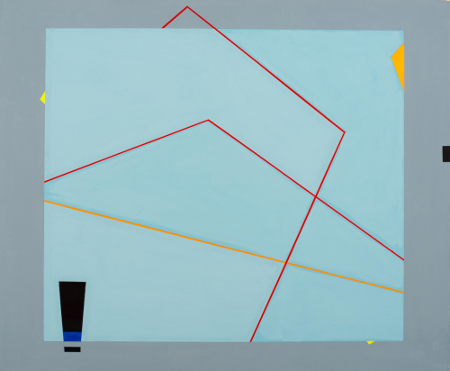 A geometric abstraction, predominantly blue with diagonal orange lines
