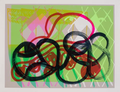  horizontal abstract composition in apple green, bright pink, black, rust red, gray, and black. 