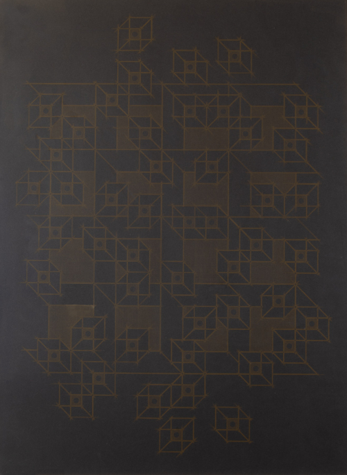 Old cubes on black paper making it look 3-D with blocks connecting to one another