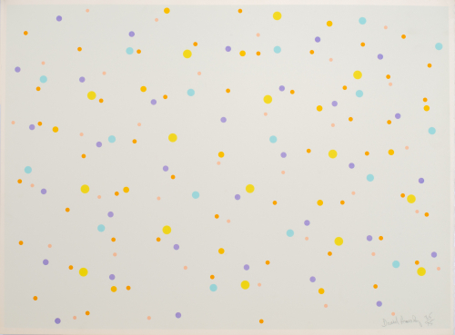 Multicolored dots on pale blue background