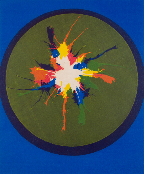 Brilliant blue background with a green circle inside a ring of purple; an explosion of color, with white in the center