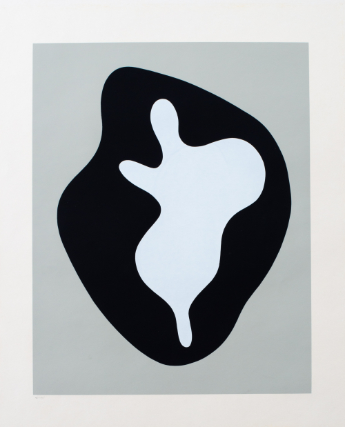An abstract print of a black and light grey amorphous shape in front of a darker grey backdrop. 