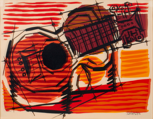 orange, red, yellow and black abstracted depiction of a mandolin 
