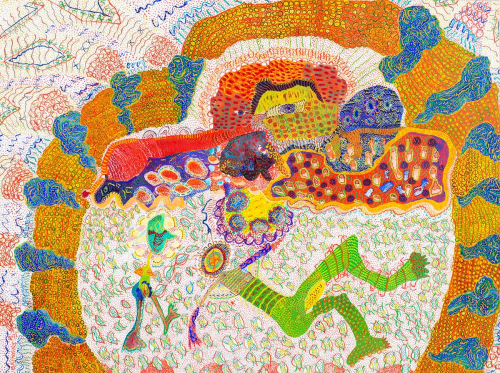 colorful abstracted drawing including shapes resembling figures, dots, circles, lines, and amorphous shapes