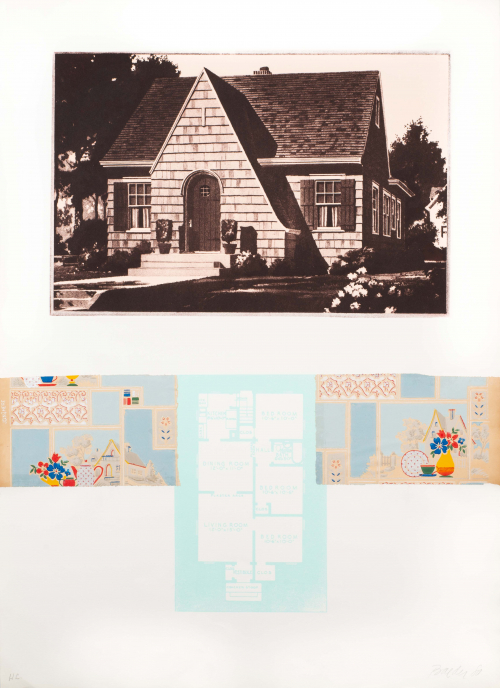 top zone is an etching of a house on pink background, bottom zone is a collage with an aqua and white floor plan