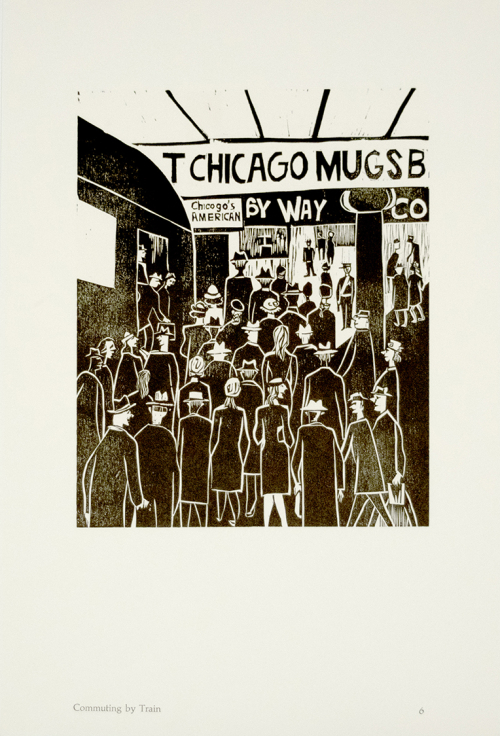 Bronislaw Bak, Cityscape, Chicago, printmaking, grayscale, Commuting by Train,