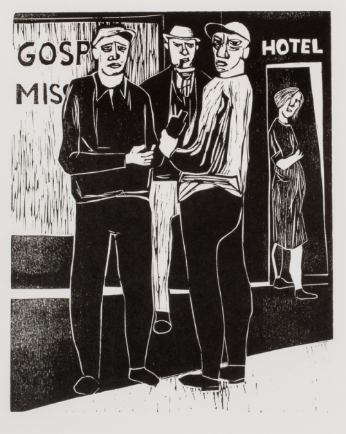 Three men with hats stand in front of a building with an occupied open doorway that reads "Hotel"