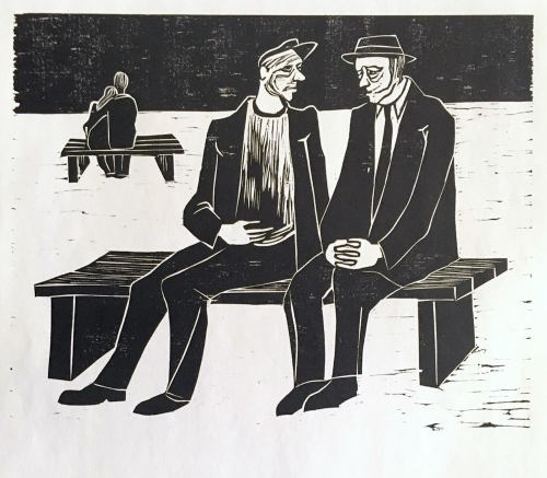 Two men converse on a wooden bench