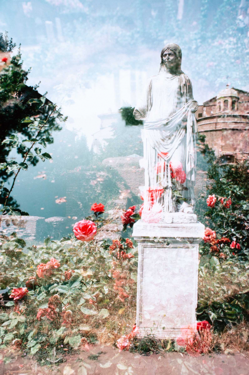 Red roses in lower half and garden scene in upper half. statue of Mary: right of center with chapel to the right 