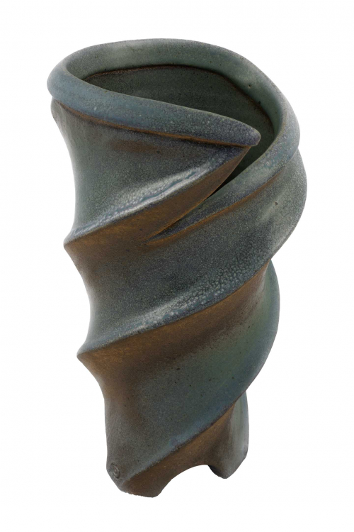 cylindrical vase in a sharp corkscrew construction with a brown and green gradated glaze