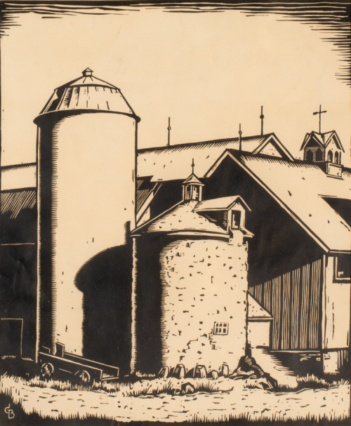 High contrast simplified depiction of a farm scene of barns and silos.