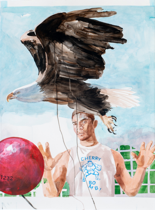 An American Bald Eagle in flight above and a young African American man with his hands raised.