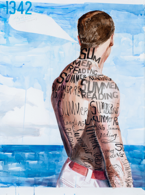 a young man facing away toward a blue sky and sea. His torso and right arm are covered in the words "Summer Reading."