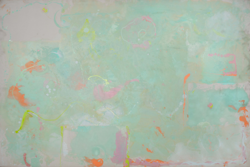Atmospheric sea green background and various areas/splotches/splatters of orange, mauve and lime green