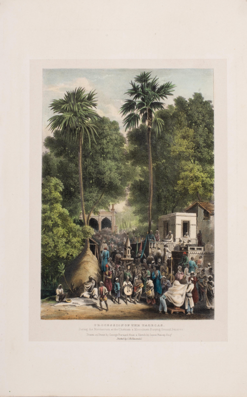 Village against forest back; black people (Moosulmans) in colorful garments standing in street and on buildings
