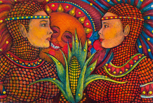 brightly colored image of two figures wearing headbands, collars, and dotted clothing face one another over an ear of corn