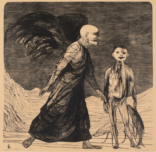 Bald male angel with black wings; boy depicted face-front