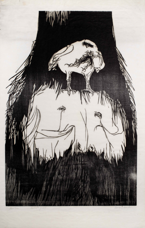  A vertical image of a human head with beard; a bird appears to stand on the figure's head
