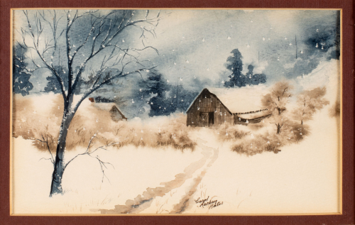 A snowy landscape with a tree to the left of the composition and a barn to the right