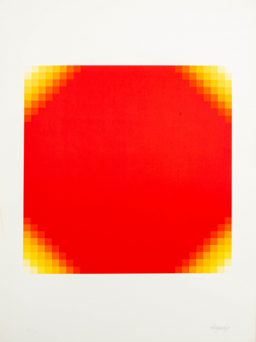 Red, orange and yellow square with grid pattern at corners