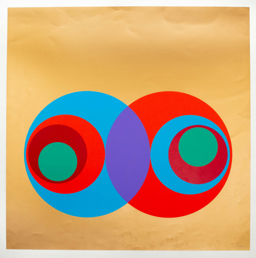 Nearly square piece; two colorful interlocked circles on a metallic gold background
