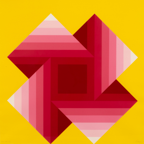 Square work; large x-shape with a dark square in its center; yellow background with various shades of magenta in stripes.