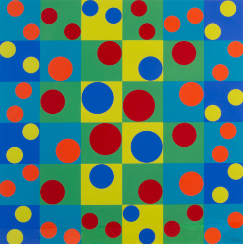 Square work; 36 squares with circles in each; large in the center, 4 getting smaller as they move out to the edges
