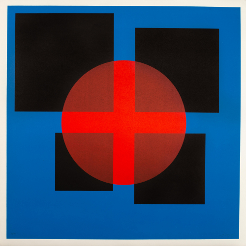 Blue square work; four black squares and rectangles form a light cross in negative space; red circle in the center overlaps