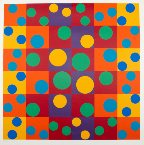 Square work; grid-like pattern with various sizes of "bubbles" throughout piece