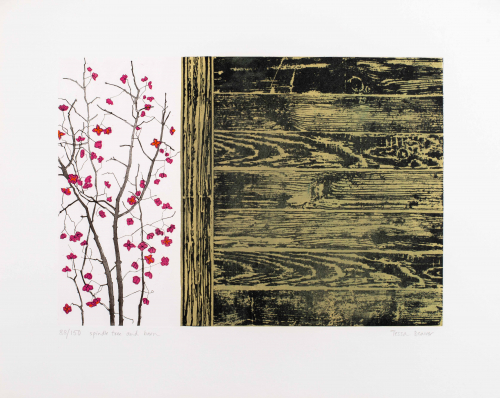 bare branches cross vertically; 1/3 with violet red flowers on branches; right 2/3 wood panel appearance