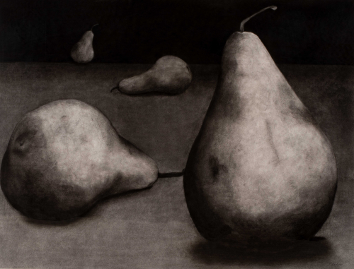 Four shadowy pears receding into upper left background, foreground pear upright middle on sides, back upright 