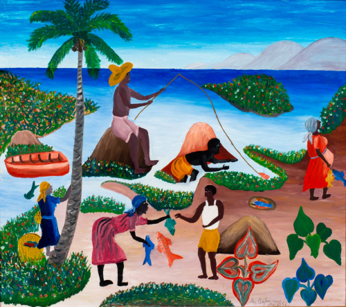  people in a tropical scene fishing with ocean and hills in the background and large palm tree on the left half of the painting
