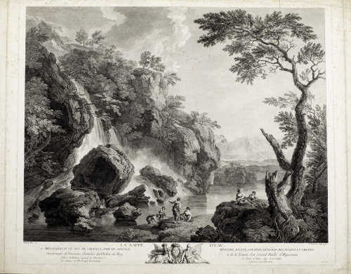 Grandiose landscape scene with cliffs, a waterfall, trees and a woman in the foreground