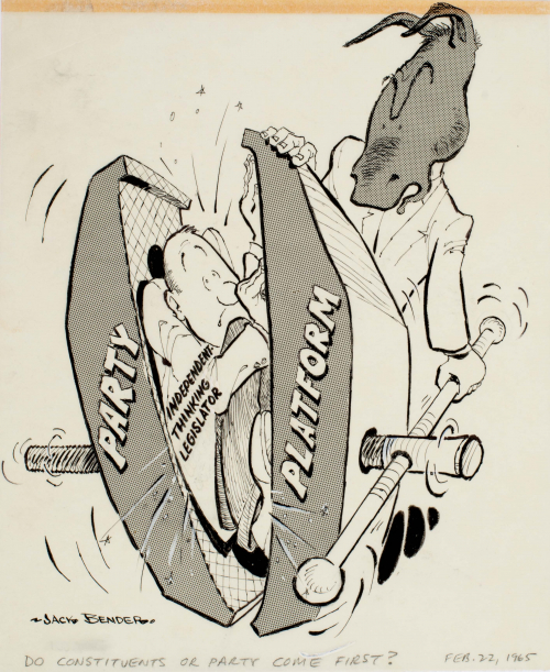 Political cartoon made with ink, halftone and whiteout of a donkey tightening a vice on a man