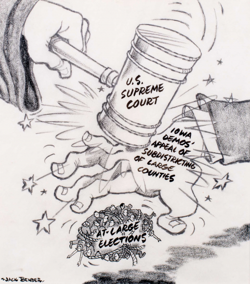 Hand reaching for blob marked "A+ large elections" with gavel marked "US Supreme Court" smashing the hand