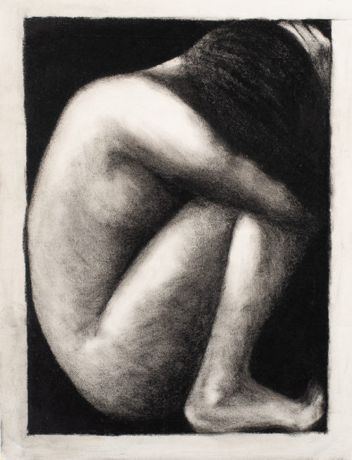 Smooth, rounded image of a female nude seated with her head and arms resting on her knees