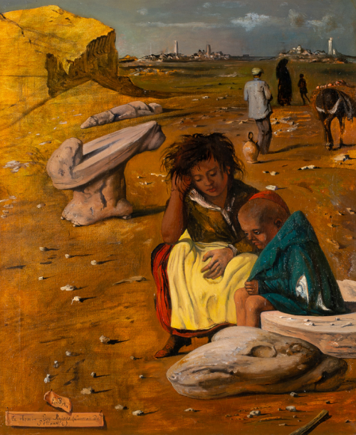 Woman and child featured on bottom right quadrant of painting with people and a rocky beach in the background