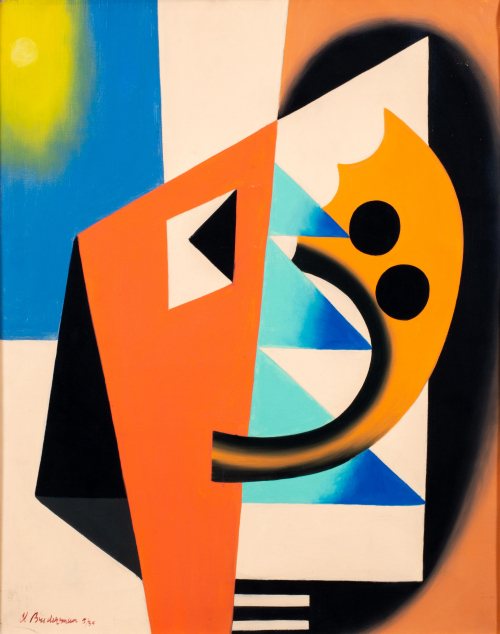 Non-objective work in oranges, blue and black, with small circles, triangles and other geometric shapes