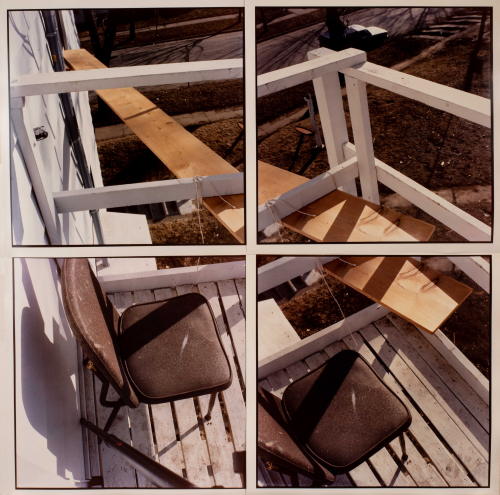 Four-panel photograph of a porch exterior, two photos of a chair