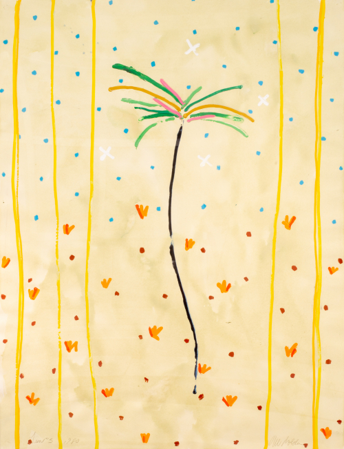 abstracted palm tree floating upright in the center of a yellow field surrounded by vertical lines, dots, and sprouting forms