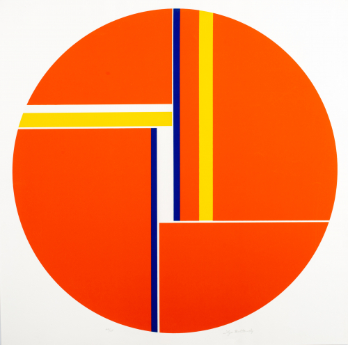 Orange circle intersected with yellow, blue, and white rectangles and lines